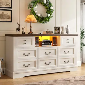 Raybee Furniture 8/9 Drawer Rustic Wood Dresser with Power Outlets, LED Lights, 55 Inch Wide, Sturdy, Durable Engineered Wood for Home