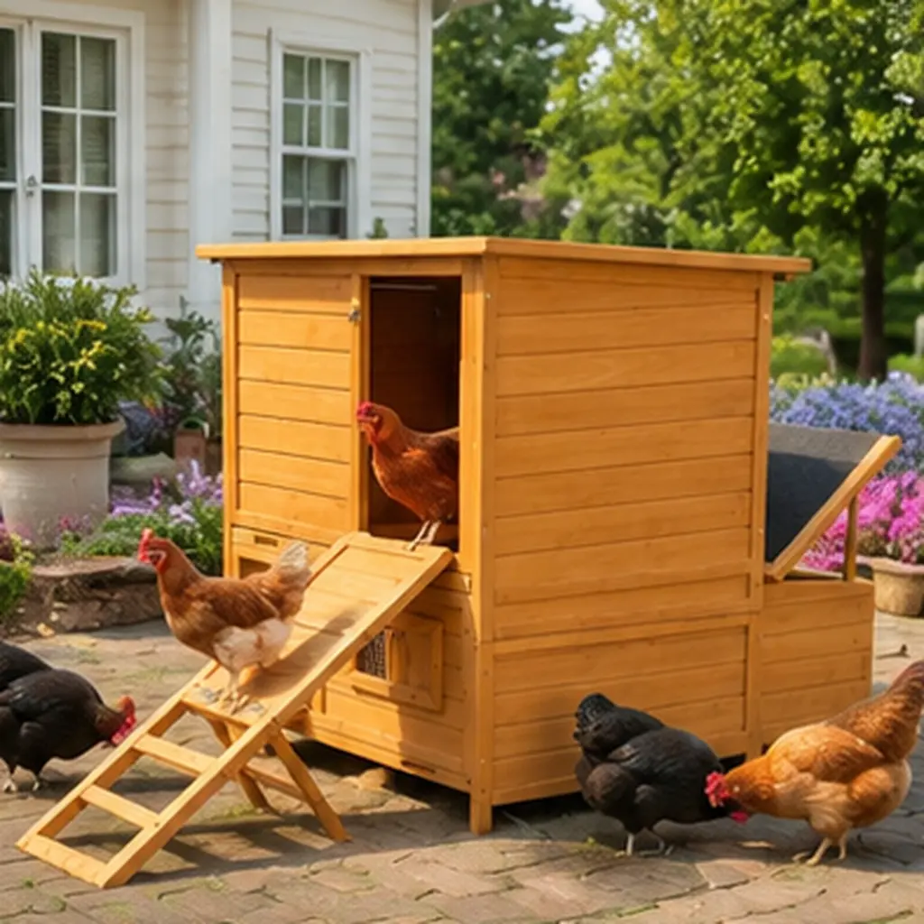 Wooden Chicken Coop Double-House for 6-8 Chickens with 3 Nesting Boxes 2 Pull-Out Trays Foldable Ramp Asphalt Roof Outdoor Poultry Hen House Orange Natural Spruce Wood Garden Backyard Chicken Enclosure, Orange Color Options, Wood Material