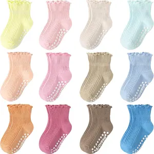 ST-16 Baby Toddler Girls Socks Grip Ruffle Non Slip Girls Cotton 12 Pack Socks for Kids Cute Ankle 6M-7Years