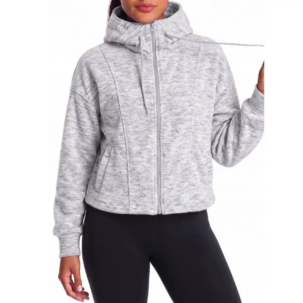 Fisoew Women's Casual Cropped Full-Zip Hoodie - Adjustable Drawstring, Ribbed Long Sleeve, Oversized Polar Fleece Jacket with Pockets, Essential Zipper Outerwear, Lightweight