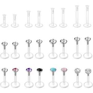 16G 24Pcs Clear Lip Labret Medusa Piercing Studs Jewelry-Flat Plastic Back Lip Rings Retainer-Push Fit Bioflex Piercing for Monroe, Tragus, Helix-6mm 8mm 10mm 12mm-Ideal for Work