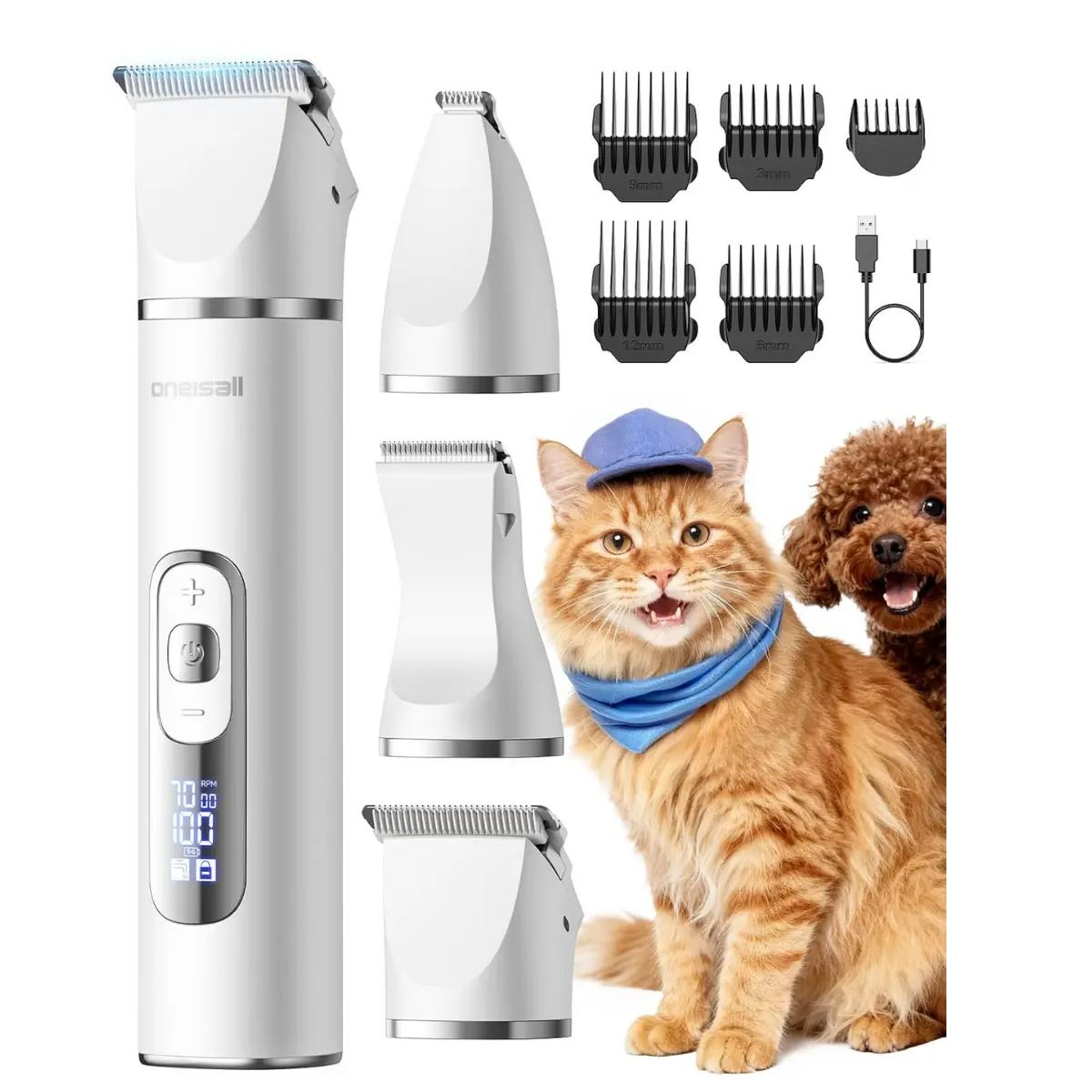 Cordless Quiet 3-in-1 Cat Grooming Clipping Set Kit with LCD Display, 3-Speed IPX7 Waterproof Pet Trimmer for Matted Cut, Paw Grooming