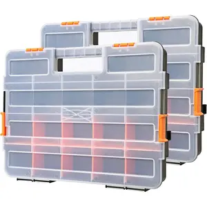 Tool Box Organizers, Interlocking Black Small Parts Organizer  Fasteners, Parts and Crafts w/Removable Dividers, 2 Pieces Pack, Black & Orange,15"L*11.6"W*2.6"H