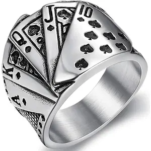 Retro Vintage Stainless Steel Poker Games Royal Sraight Flush Casino Cocktail Party Biker Ring