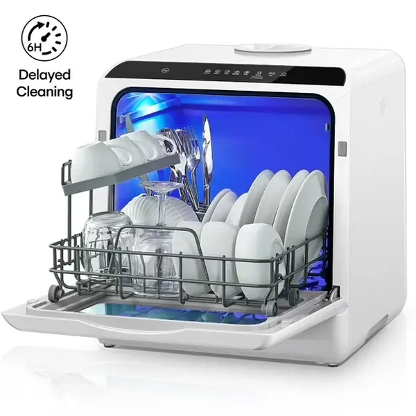 FOHERE Automatic Multifunction Countertop Dishwasher - Kitchen Appliance with 5L Built-in Water Tank, 6 Programs, 360° Dual Spray, High-Temp Cleaning, Air-Dry, Timing Function, Auto-Cleaning Portability