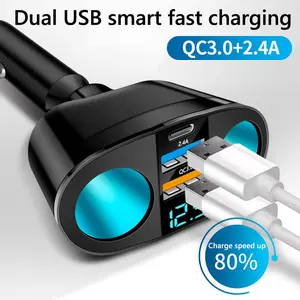 3 Port PD+QC3.0 Car Phone Charger 12V/24V Dual USB Power Adapter LED Digital Display Car Cigarette Lighter Socket Power Splitter