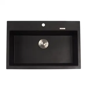 Onyx 31.2-in Heatproof Black Stone Kitchen Sink, Traditional Dual Mount Single Bowl with Work Surface, Easy-Install Drop-In Sink