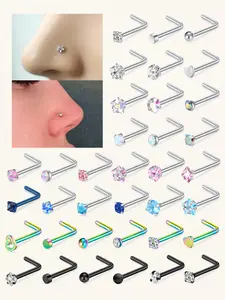 6 Counts Rhinestone Decor Nose Rings, 20g 7mm Stainless Steel, Cute Nostril Nose Piercing Jewelry, L Shaped Nose Studs for Women, Body Piercings Set