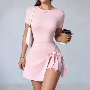 Women's fake two-piece anti-exposure tight sports dress sexy slit straps U-shaped beautiful back tennis skirt Tennis Athletic Dress suitable for sports and daily wear