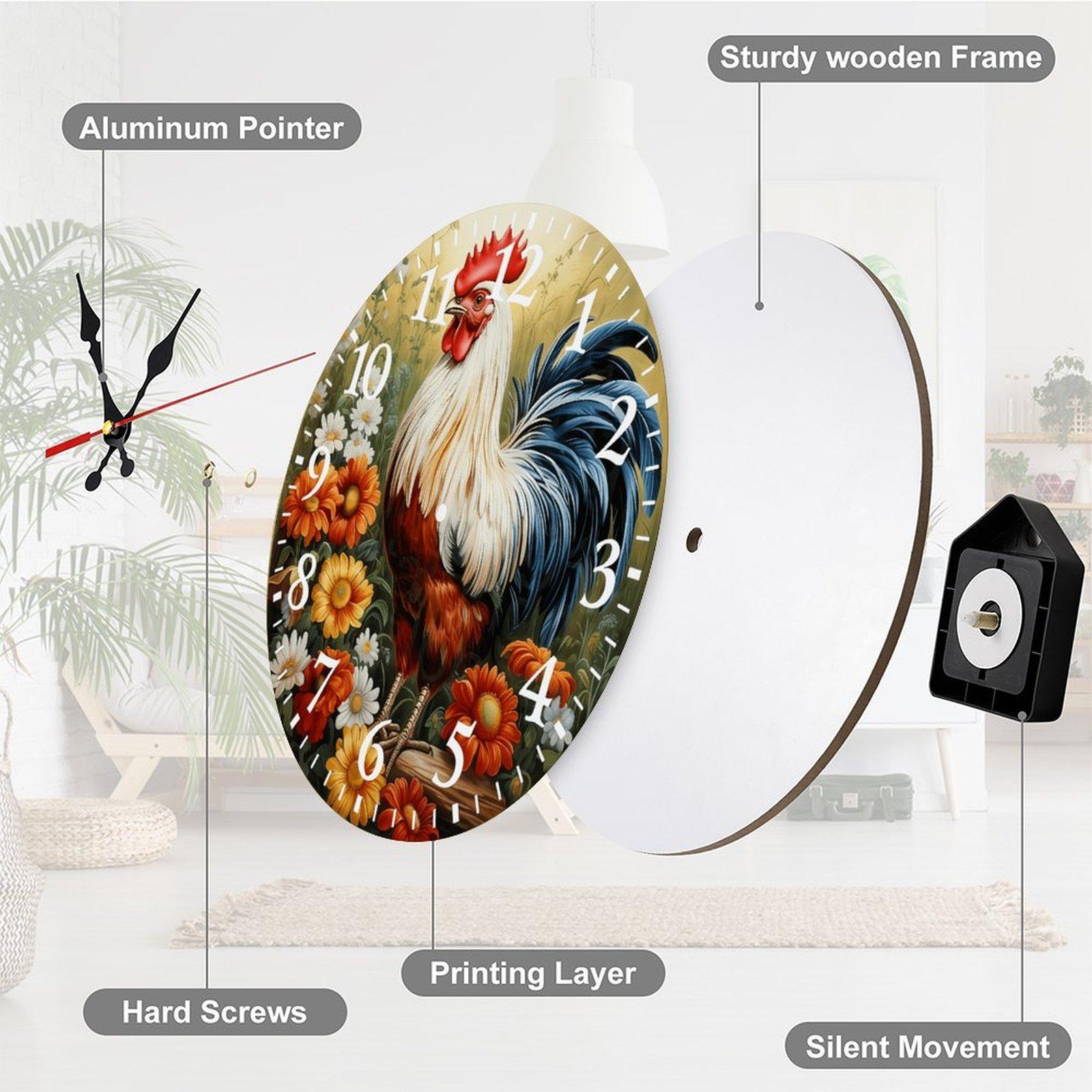 12 Inch Rooster & Wildflower Wooden Wall Clock | Silent Non-Ticking Rustic Farmhouse Kitchen Decor, No Battery Included, Perfect for Kitchen, Living Room, Farmhouse