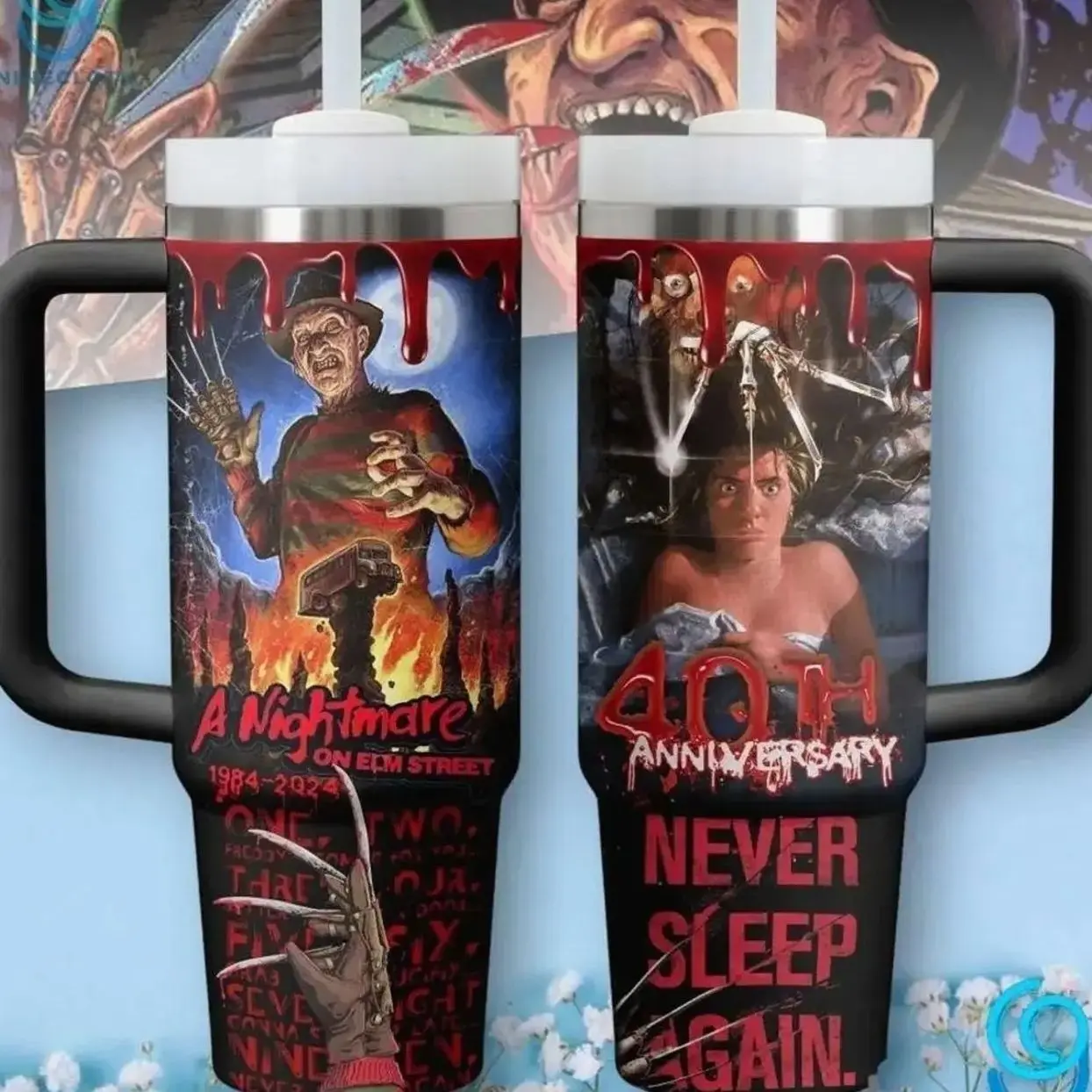 A Nightmare on Elm Street 40th Anniversary 40oz Tumbler with Handle & Straw, Freddy Krueger Never Sleep Again Insulated Stainless Steel Travel Mug, Classic Horror Movie Fan Gift
