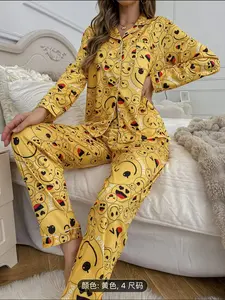 Two-Piece Strawberry Pajama Set for Women, Open Front Long Sleeve and Pants, Soft Satin Casual Home Wear, All Seasons, Loungewear, Nightwear, Pjs