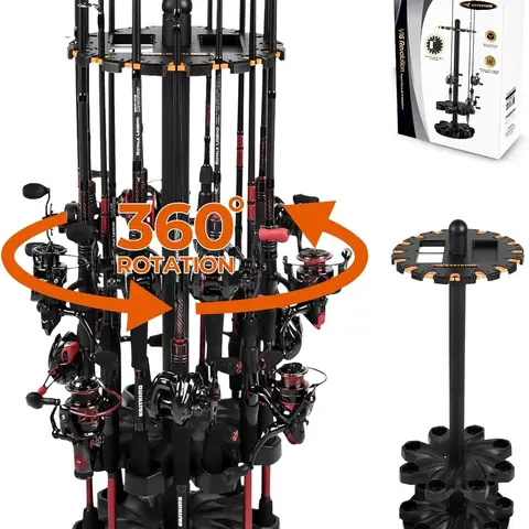 KastKing V16 Rotating Fishing Rod Holder for Garage, Floor Rack Holds Up to 16 Rods & Combos, Space-Saving Pole Organizer with Foam, Durable ABS, Fishing Gear Storage Gift for Men