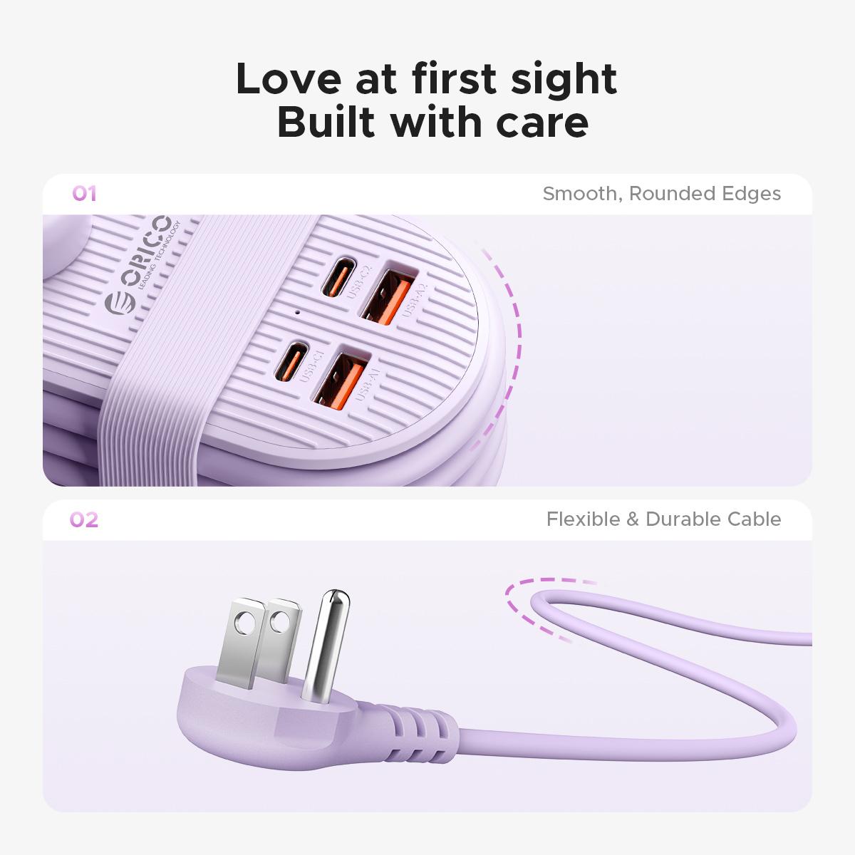 ORICO Upgraded 7-in-1 Travel Power Strip,2 Outlets & 4 USB Ports (2TYPE-C+2USB-A), 65W Fast Charging, Flat Plug，Compact for Cruise, Hotel, Dorm, and Travel Essentials- TK