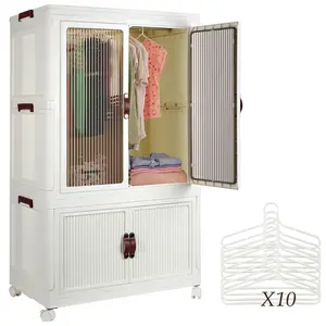 Stackable Closet Storage Bins Collapsible Clothes Organizers Portable Wardrobe Closet with Lids and Doors Movable Clothes Storage for Children's Clothing Snacks Books Blankets 10 Hangers Included