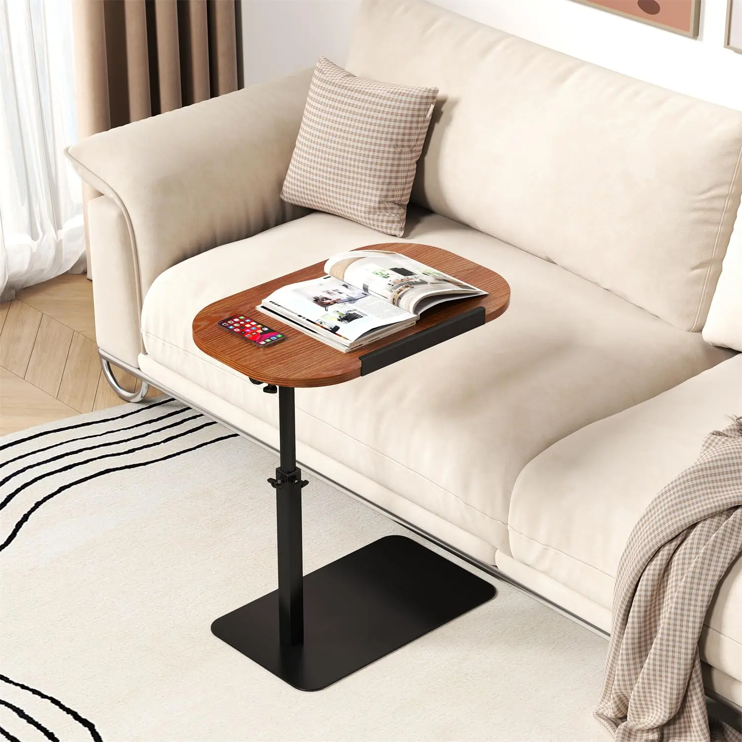 Adjustable C-Shaped Outdoor Side Table with 180° Rotating Tabletop , Tiltable Desktop, Heavy Metal Base End Table, Overbed Table, Tray Table Portable Side Table for Couch & Bed
