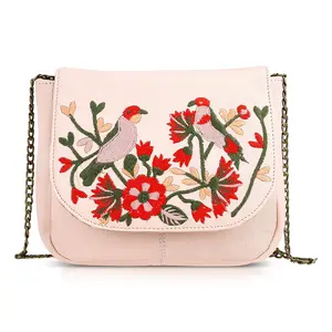 La Marey Genuine Leather Sling Bag with Floral Embroidered Flap