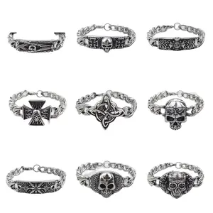Non-Natural Crystal Bracelet for Men, Stainless Steel Cuban Chain, Skull Cross Punk-Hip Hop Fashion Jewelry