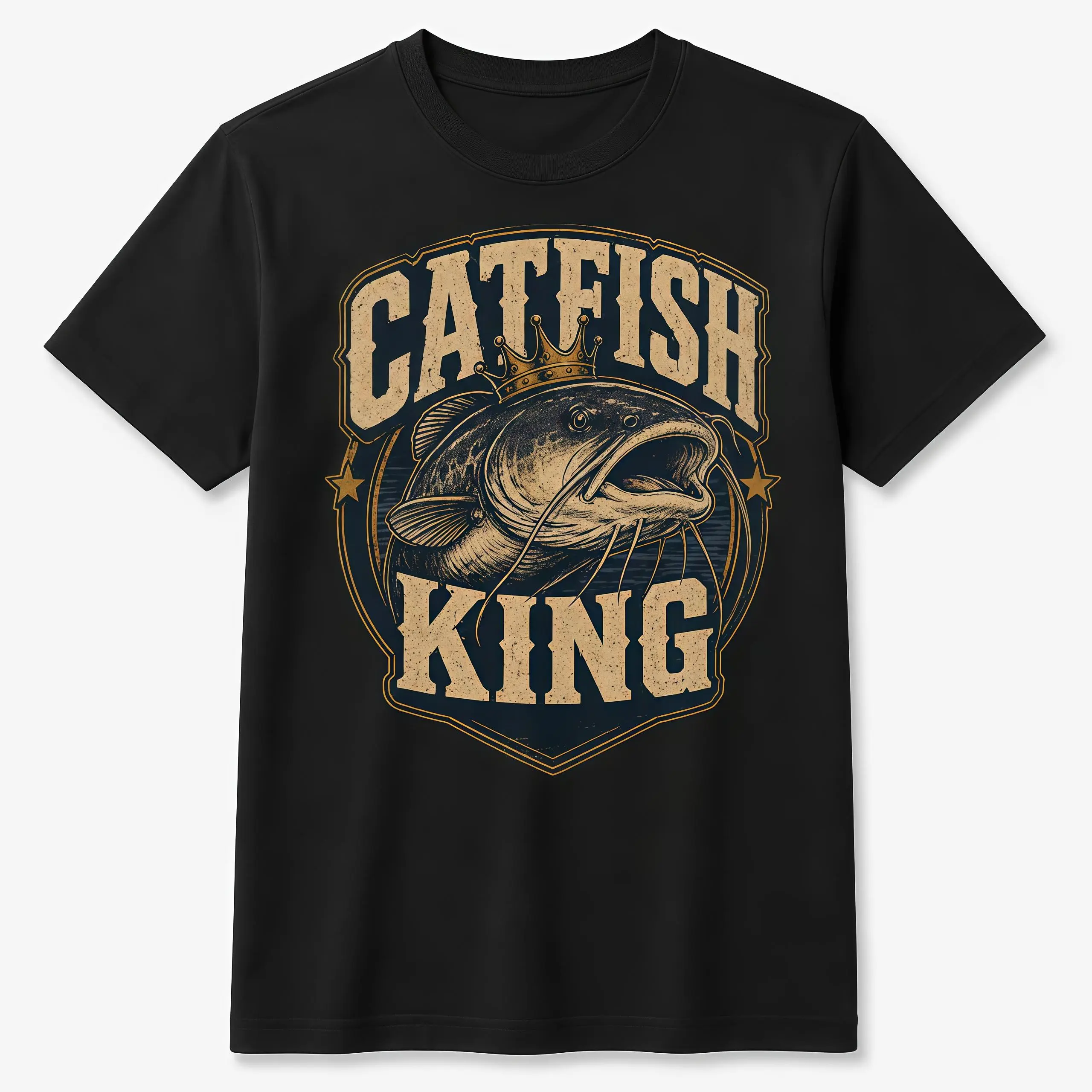 Men's Classic Catfish King Crew Neck Short-Sleeve T-Shirt - Soft, Breathable Fabric, Loose-Fitting, Multi-Size, All Seasons Retro Graphic Print Angler Top with Relaxed Fit, Fade Resistance, Colorful Design, Casual, Fade Resistant, Retro Print