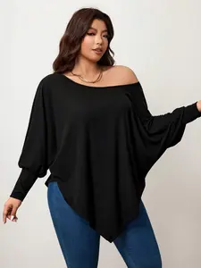 Elegant Women's Plain Batwing Sleeve Top Blouse, Flowy Off-Shoulder Long Shirt, Asymmetrical Hem, Casual Outdoor Wear, Plus Size Fashion