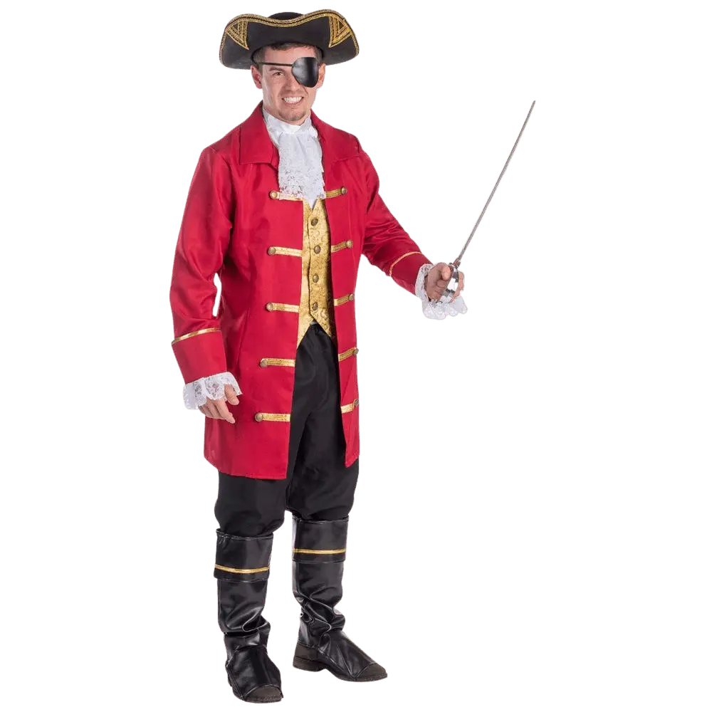 Adults Pirate Captain Costume Dress - Red Jacket with Attached Vest, Pants, Boot Covers, Lace Jabot & Eye Patch - For Halloween, Role Play , Pretend Play Fun, Theme Party & Cosplay Costume Party