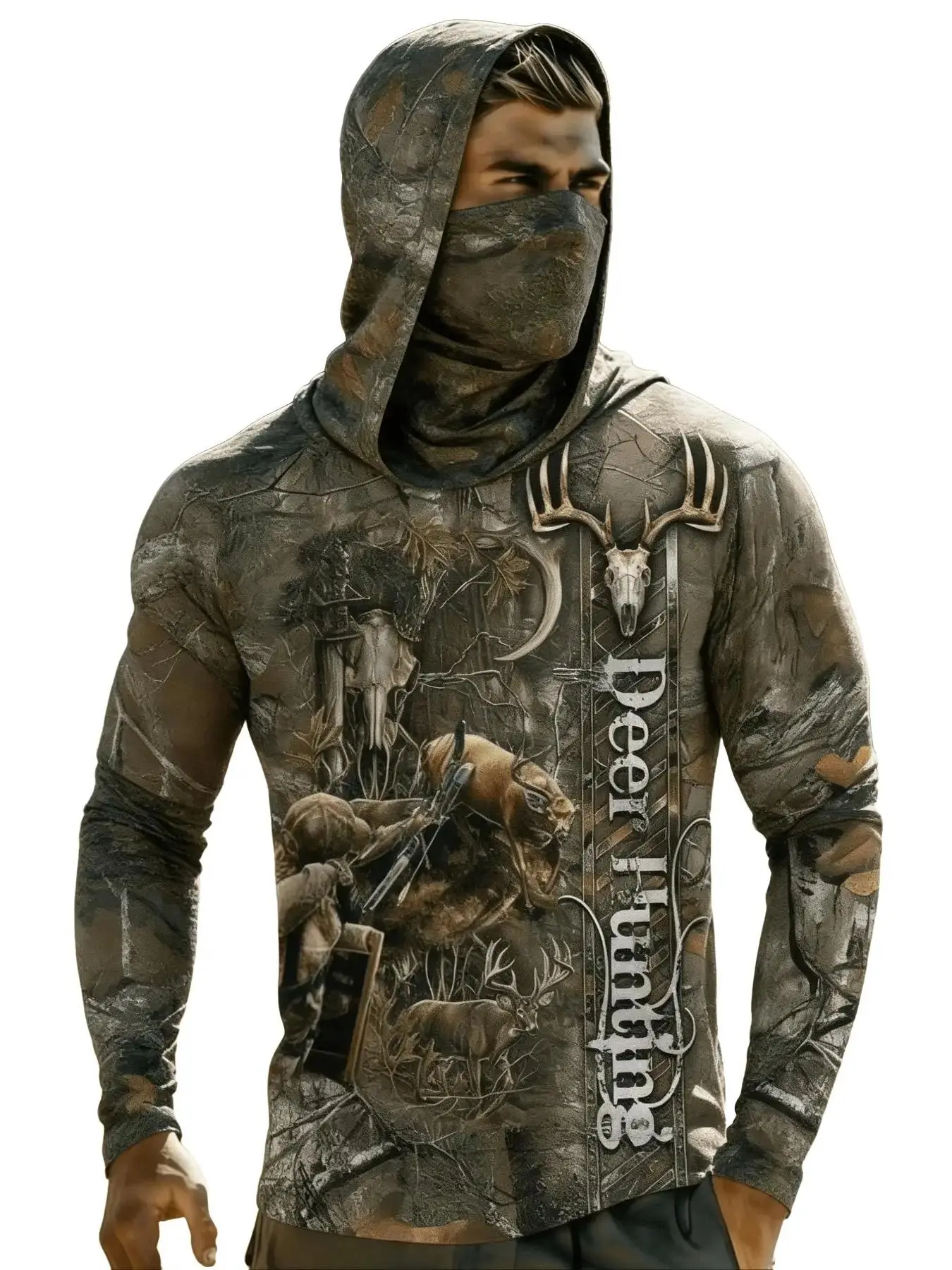 [New] Men's Hunting Camouflage Hoodie - Long-Sleeved, Quick-Drying, Breathable, Hooded, with Built-In Sunscreen Mask, Deer Hunting Outdoor Top athletic fit