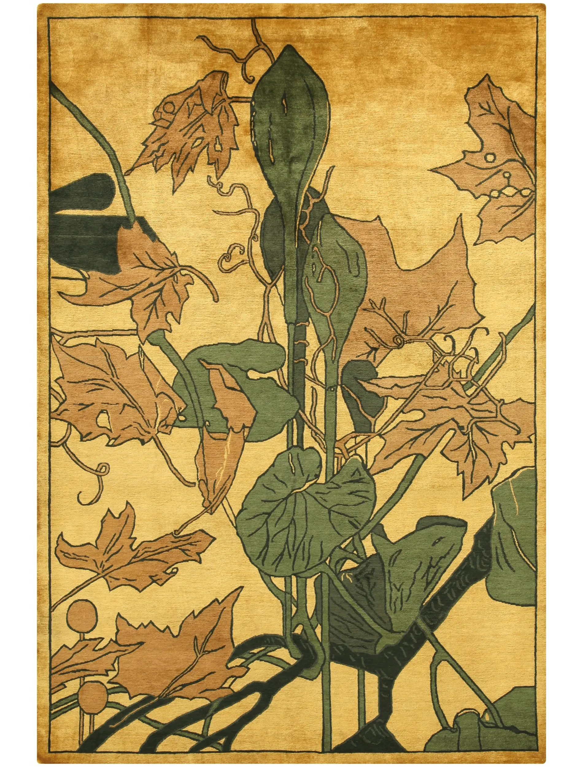 Handmade Tibetan Art Deco Silk Wool Rug in Gold & Olive Green, 6' x 9'
