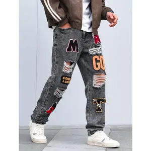 Men's Pocket Logo Distressed Casual Denim Jeans'