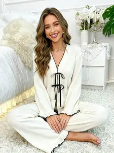 Sweet Girl Contrast Edge Sleepwear Pajama Set, Bowknot Decorated Flared Sleeves, Wide Leg Pants, Elegant Aesthetic Home Loungewear Two-Piece Set