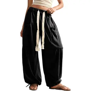 Women's Baggy Wide Leg Pants Casual Drawstring Harem Pants Bohemian Trousers with Big Pockets