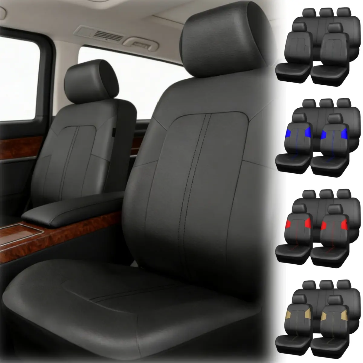 Car 5 Seat Covers Full Set, Waterproof 5 Seat Covers Leather, Breathable Seat Covers Cushion Pad Mat - Black Red Blue Beige for Cars, All Weather Auto Non-Slip Front Rear Seat Cover Back Protector Pad Mat, Universal Vehicle Interior Decoration Accessories