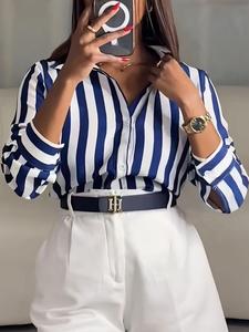 women's striped print button shirt, casual long sleeve collared top for daily wear, ladies clothes for all seasons