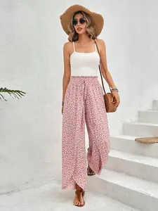 HarSum Woman's Casual Boho Floral High Waist Split Hem Wide Leg Pants for Beach Holiday Multiple Color Options