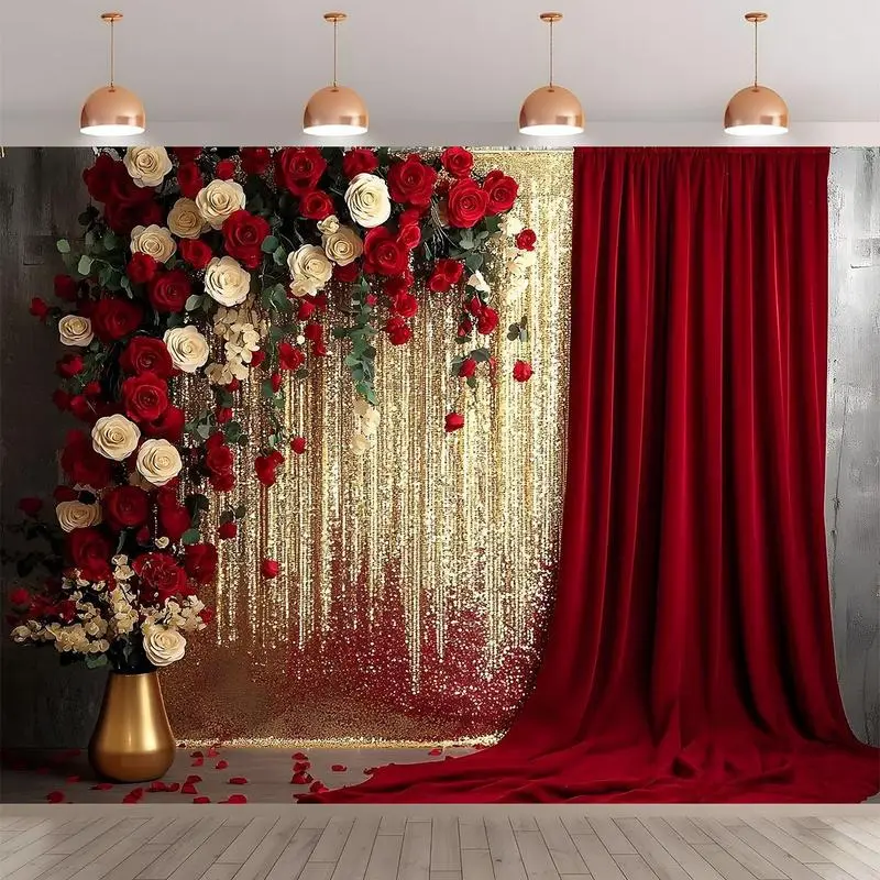Red And Gold Luxurious Floral Background - Elegant Flower Arrangement, Golden Tassel Background And Wine Red Curtains, Perfect For Birthday, Wedding And Banquet Decoration, Bringing a Noble And Romantic Atmosphere. Ideal Gift, 2d Printing