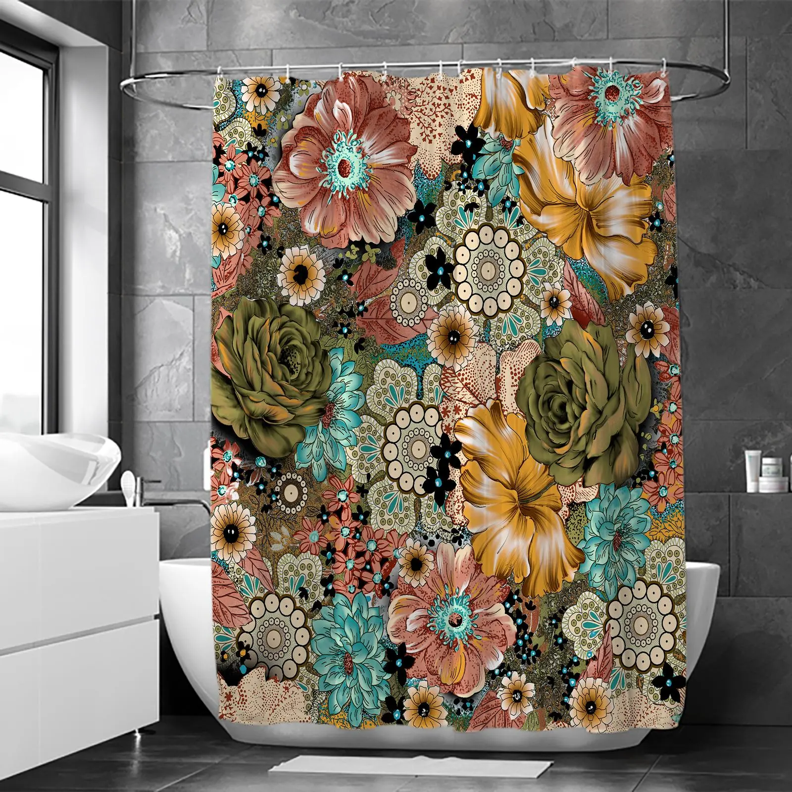 Bohemian Floral Pattern Shower Curtain, 1 Count Waterproof Decorative Boho Shower Curtain with Hooks, Boho Shower Curtains for Bathroom, Bathroom Supplies for Home Decor, Bathroom Decorations, Bathroom Shower Equipment
