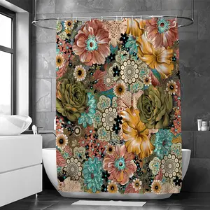 Bohemian Floral Pattern Shower Curtain, 1 Count Waterproof Shower Curtain with Hooks, Bathroom Supplies for Home Decor, Bathroom Shower Equipment