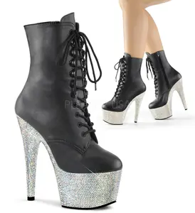 Pleaser BEJEWELED-1020-7 Black Faux Leather Ankle Boots With Silver Multi Rhinestone Platform Women Shoe