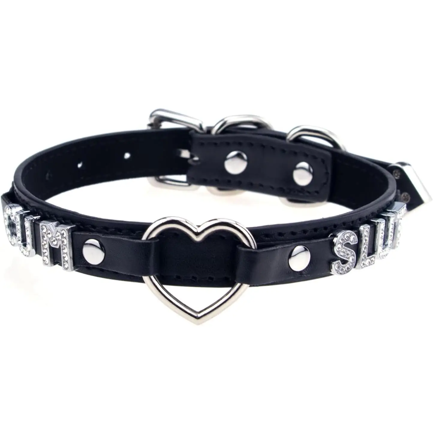 Leather Love Heart Choker Necklace with Shiny Letters, Gothic  for Women, Punk Rock Necklace Collars Fashion