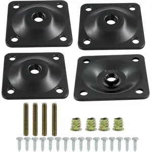 Set of 4 Leg Mounting Plates Kit, M8 Thread Furniture Sofa Legs Attachment Plates T-Plate for Repairing Damaged Sofa Couch Seats, with Hanger Bolts, Screws (Black)