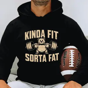 Kinda Fit Sorta Fat Gym Humor Hoodie, Unisex Tee for Weightlifting Fitness, Body Positive Workout Pullover Sweater