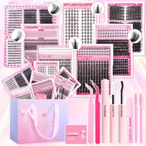 DIY Lash Extension Kit, Individual Eyelash Kit, Eyelash Cluster Kit, 1 Set Waterproof Lashes Extensions Set with Glue, Tweezers, Remover, Lash Brush, Eye Makeup Accessories for Women, Cosmetic, Fiber Tip Tweezers