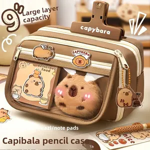 9 Layer Large Capacity Canvas Pencil Case Set, Includes Pen Case, Stickers, Clips, Notepad, Plush Toy, Lanyard, Multifunctional Stationery Organizer, Writing Stationery