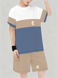 Boys Colorblock Crown Print Set, Clothing Set, Casual Loose-Fitting Short Sleeve Shorts Two-Piece Suit, Cartoon Pattern, Summer