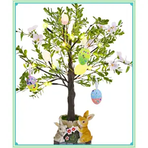 Lighted Easter Tree 23.5 Inch - Pre-Lit Easter Decorations for Table with Eggs & Bunny Pot, Spring Trees Centerpiece with Lights for Dining Room, Home, Mantel, Office Décor