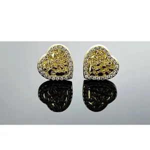 14K Gold-Plated Heart Stud Earrings for Women, Sparkling Rhinestone Accents, Nugget Texture Fashion Jewelry Gift