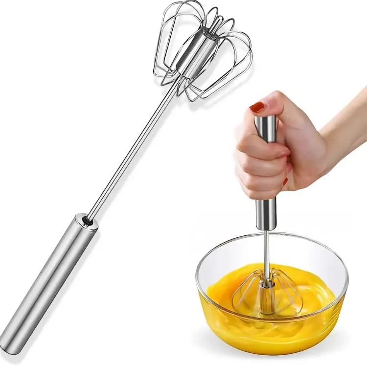 2 pack Stainless Steel Hand-Push Rotary Whisk, Food Contact Safe Anti-Rust Kitchen Utensil with Sturdy Riveted Construction, Semi-Automatic Design for Coffee, Egg Whisking and Cooking Tasks, Easy to Clean