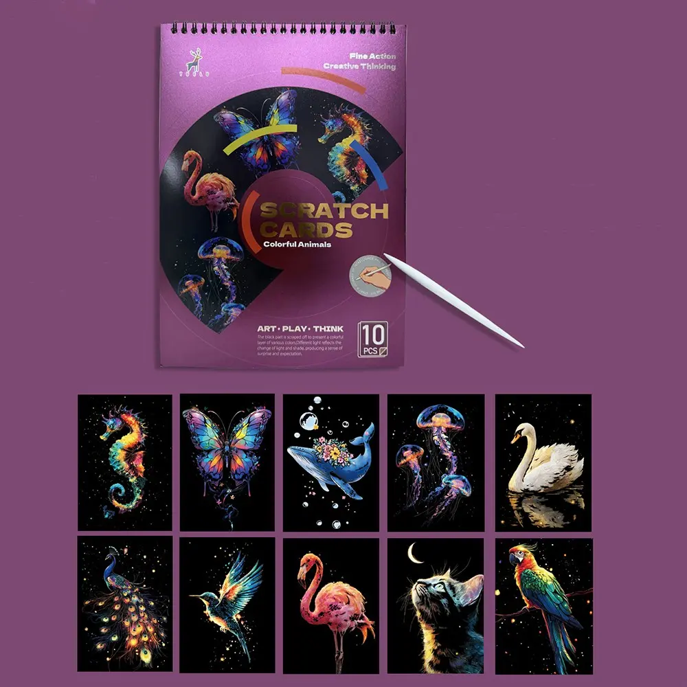 A4 Size Coil Scratch Art Book, Rainbow Animal Patterns, Creative Adult Coloring Album, Includes 10 Sheets, Perfect for Gifts and Decorations