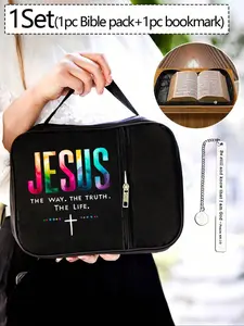 Easter Cross Jesus Print Bible Bag, Personal Item Bag, Stainless Steel Bookmark with Chain, Handbag with Handle Zipper, Multifunctional Portable Bag, Pocket Storage Bag