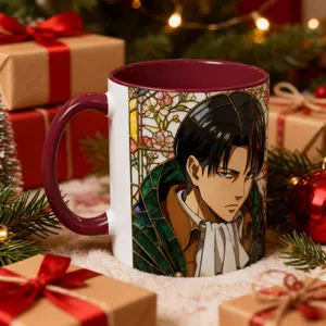 Anime Levi Coffee Mug, Faux Stained Glass Style Design, Anime Fan Gift (Flat Printed Design)