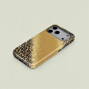 Gold Leopard Print Glitter Gradient Hybrid Shockproof Phone Case, Hard Shell + Soft Inner Layer Protective Cover, Glam Wild Aesthetic Accessory for iPhone & Samsung Design Lotus